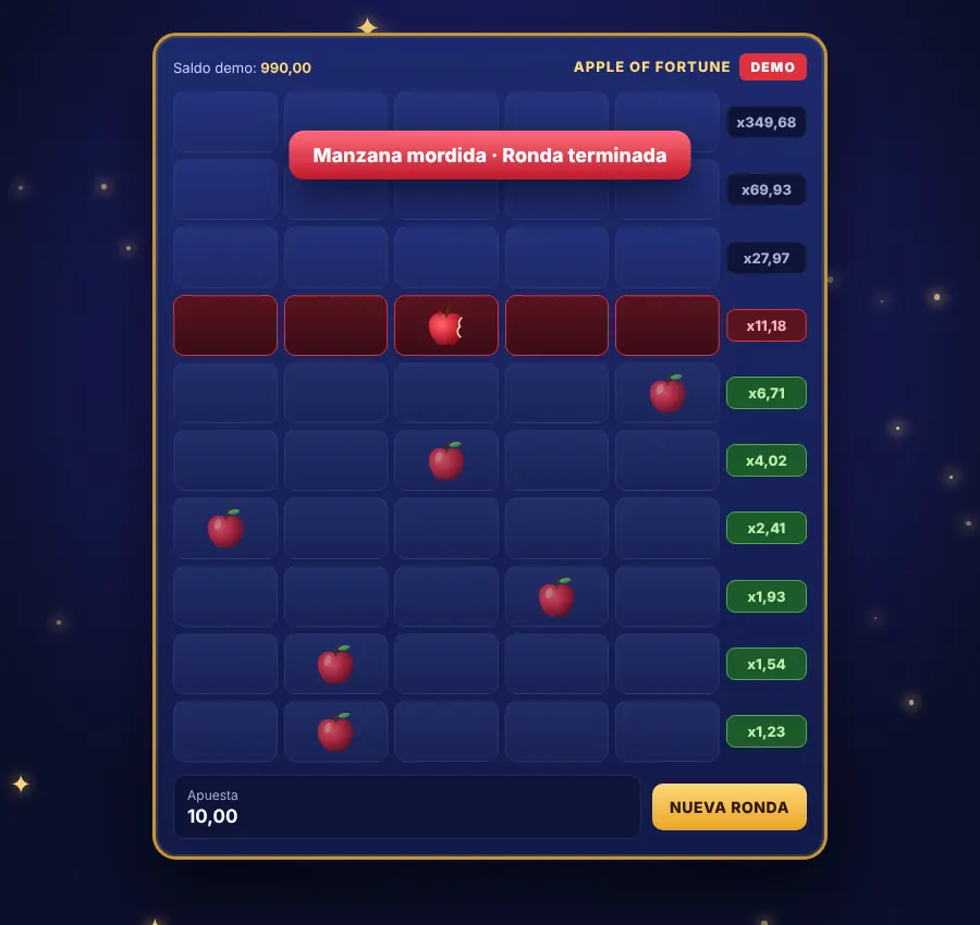 Demo de Apple of Fortune: manzana mordida en el séptimo nivel
