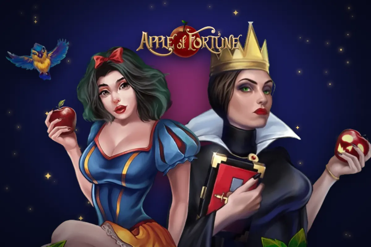 Apple of Fortune slot: Blancanieves y la Reina con el logo del juego de manzanas